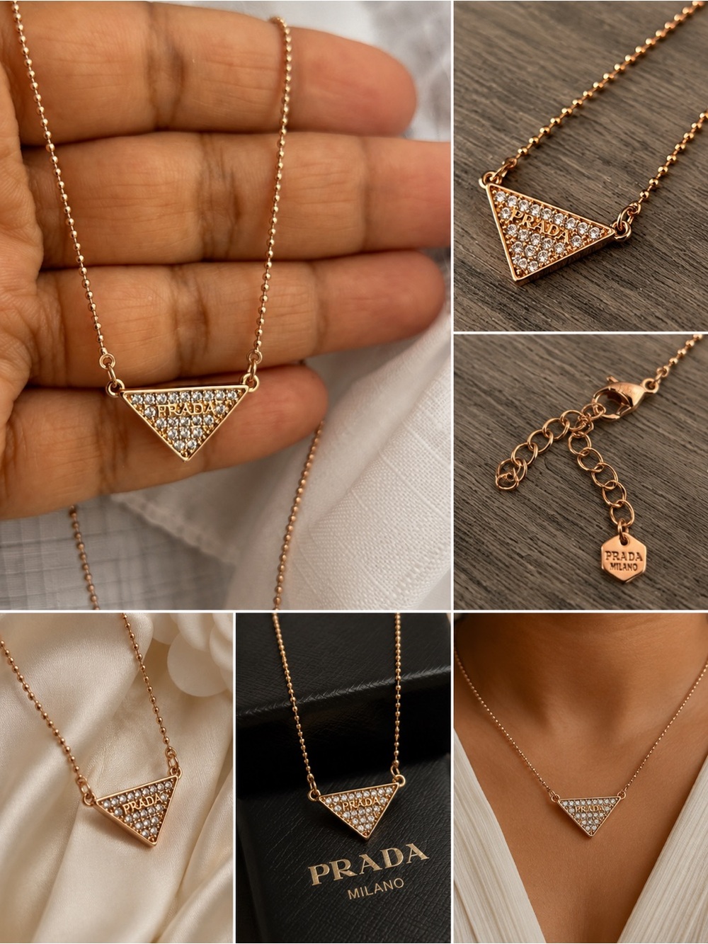 Prada Rose Gold Triangle Pavé Necklace